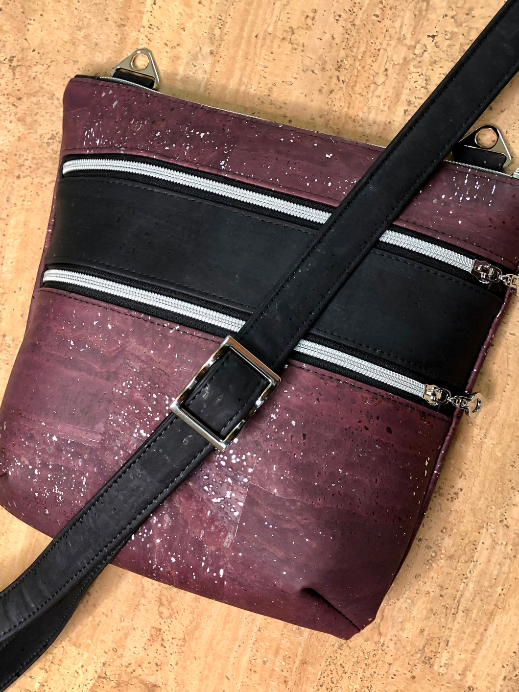 Triple Zipper Cork Cross Body Bag