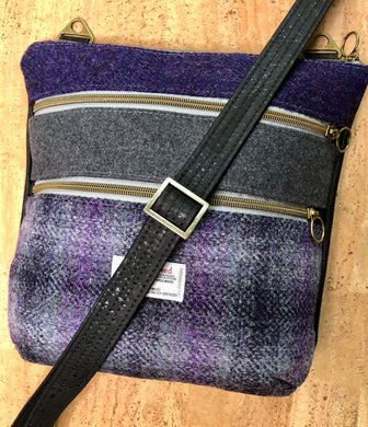 Triple Zipper Cork and Harris Tweed Cloth Cross Body Bag