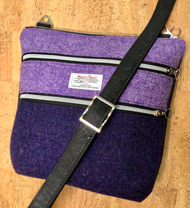 Triple Zipper Cork and Harris Tweed Cloth Cross Body Bag